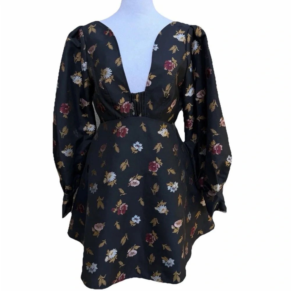 Sculpted V Neck Aline Mini Black Floral Dress Maeve by Anthropologie Size 4 NEW - Picture 13 of 13